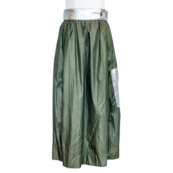 Ganni Dresses & Skirts - GANNI Nylon Olive & Silver Metallic Full Maxi Skirt Size EU 34 Logo Snap Closure